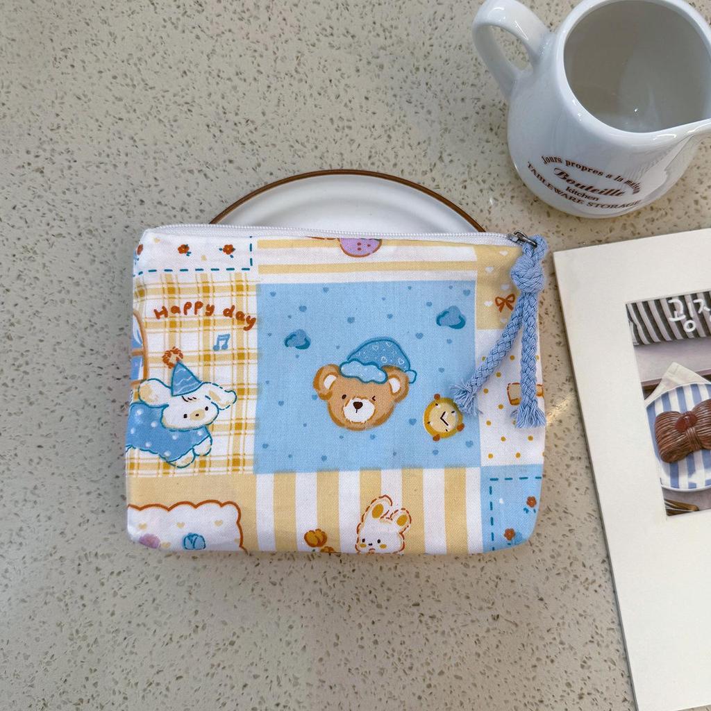 Adorable Blue Cartoon Makeup Bag: Mini Pure Cotton Coin and Earphone Pouch, Lipstick Carrier, Portable Storage.