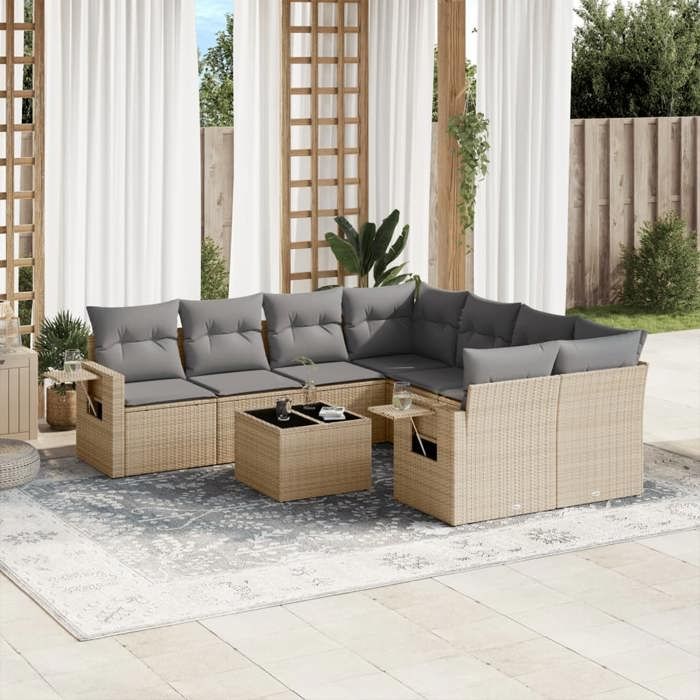 VidaXL Salon de Jardin avec Coussins 9 pcs, Canapés de Patio, Ensemble de Meubles, Mobilier de Terrasse Extérieur, Beige 3252296