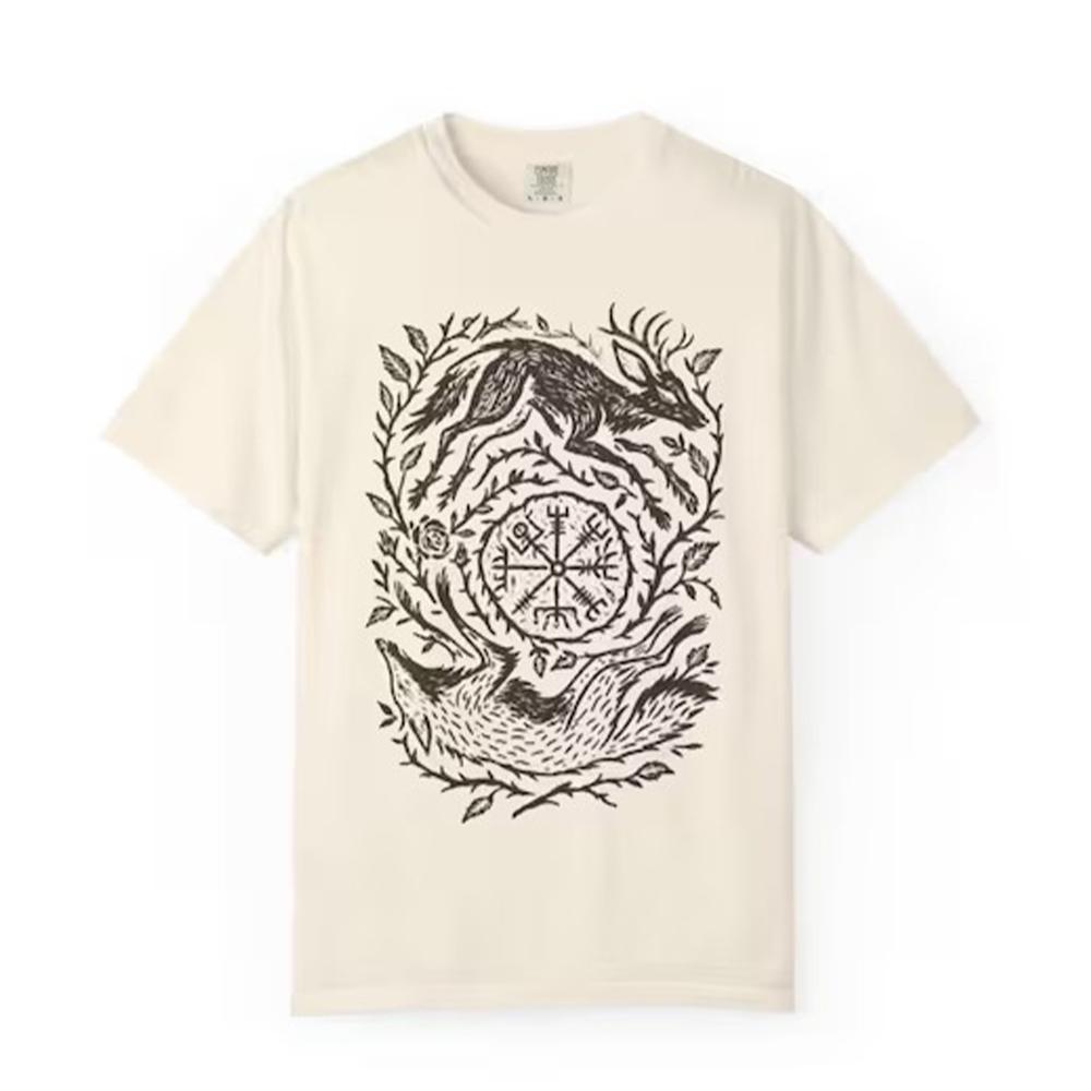 Retro Fox Yin Yang Print Shirt Witchy Forestcore Shirt Mystical Animal Graphic Dark Academia Unisex Y2K Casual Top Streetwear
