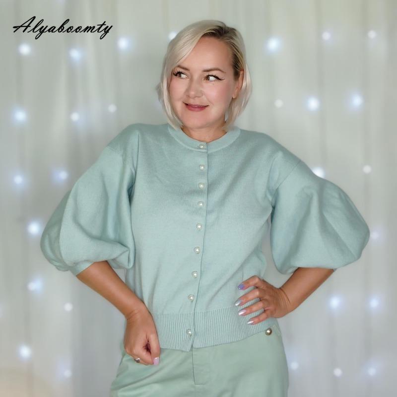 Korean Ulzzang Autumn Winter Women Sweater Blue Pink Black Apricot Knitting Cardigan Knitted Lantern Sleeve Stylish Outerwear