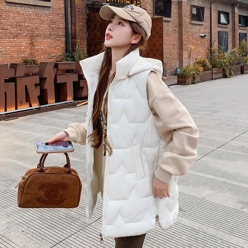 

New down cotton side split vest women s medium and long loose hooded vest outer wear vest M
