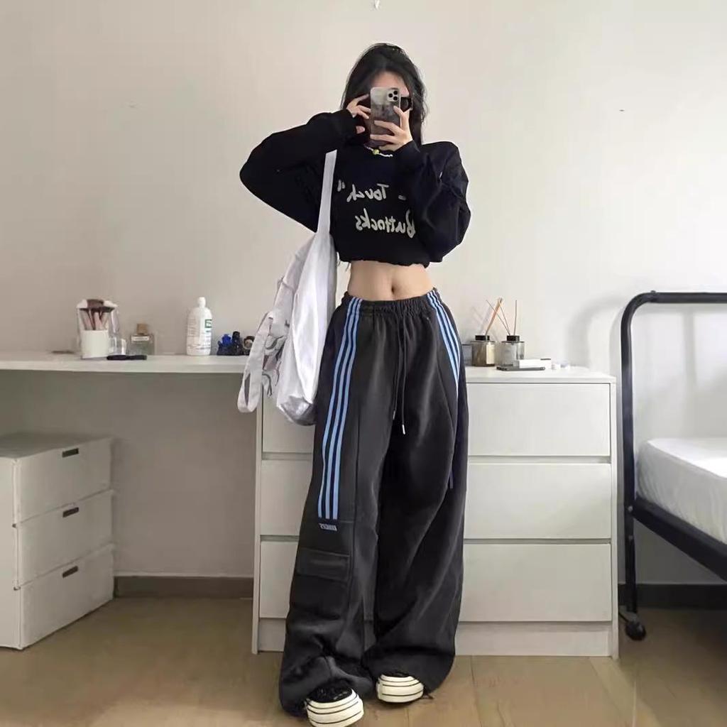 Women's Retro High-Waist Cargo Sweatpants - Three-Stripe, Wide-Leg, Casual Sportswear for Spring & Autumn