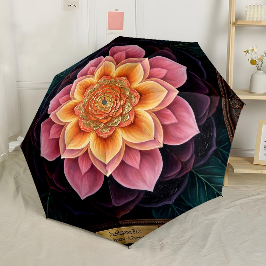 Floral Mandala Artwork Portable Automatic Umbrella Sturdy 8-Rib Shaft Lightweight Durable Everyday Carry Umbrella Compact Folding Umbrella
