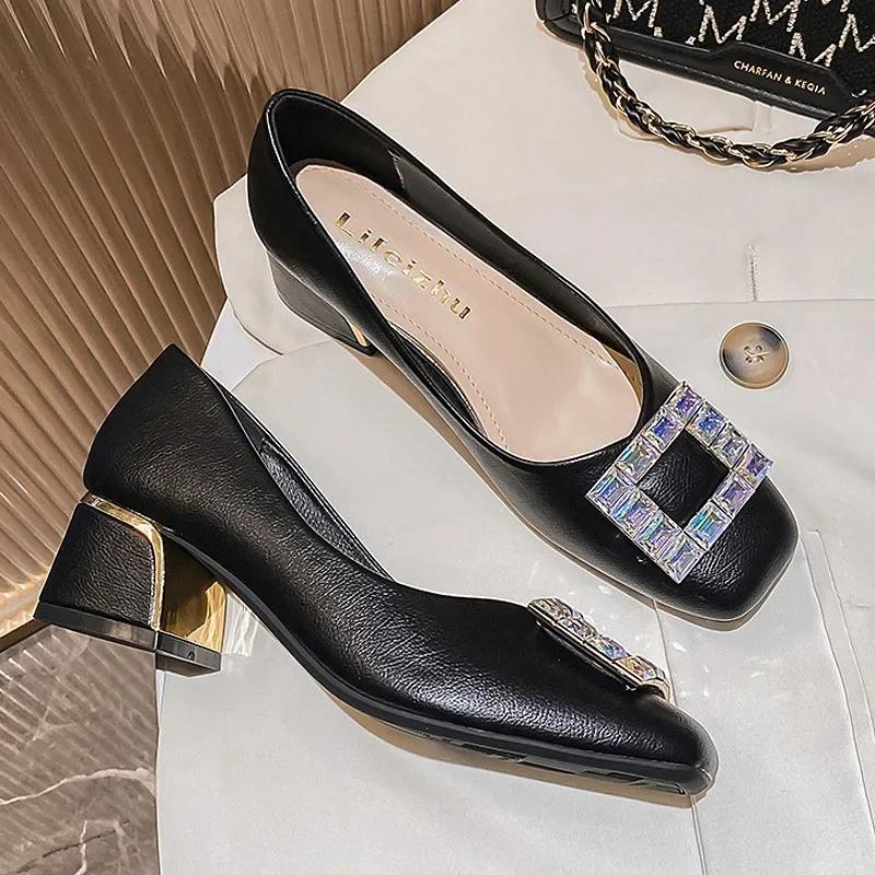 Women Shoes Square Crystal Pumps Girl Leather High Heels Shoes OL Casual Dress Shoes 35-43