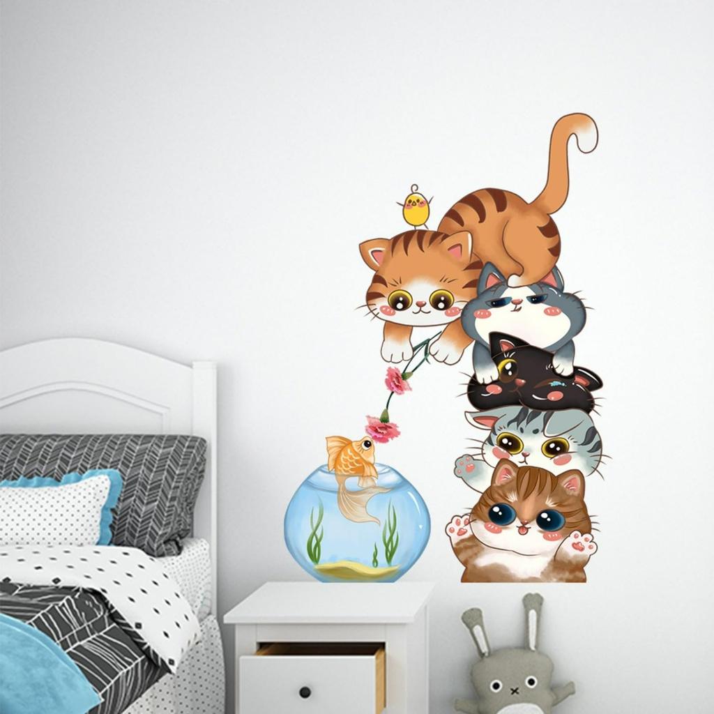 SMAOSTORE Wall Cute Cat Stacking High Stylish Fishbowl and Goldfish Door Waterproof Removable Wallpaper for and Background Walls (Mata) Stickers,