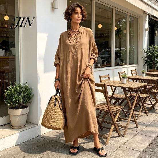 Women Summer Party Dress Maxi for Women, V-Neck Casual Oversized Boho Long Comfortable Daily Wear Dress, Sleeve Button Up Vacation Sundress
