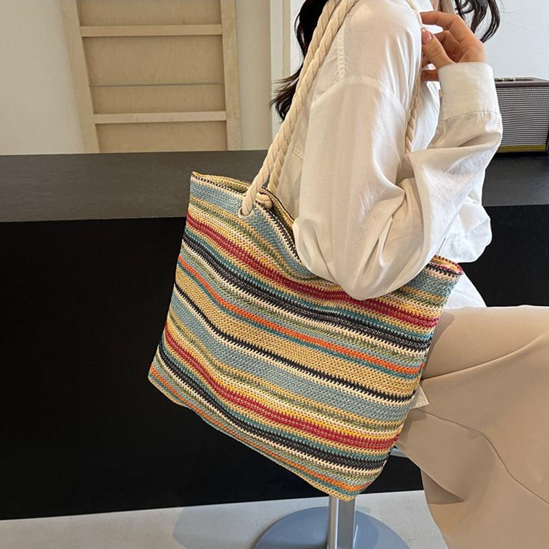 Straw Fabric Woven Design Women Tote Bags Rainbow Color Large Capacity Summer Beach Shoulder Shopper Bag Casual Commute Handbags