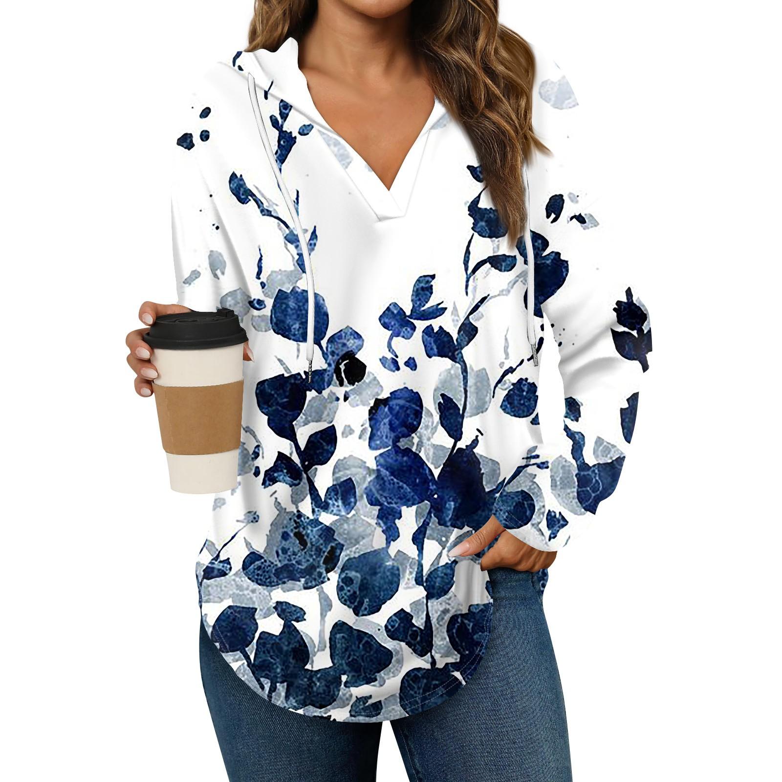 

Женские модные толстовки с капюшоном V-образным вырезом с длинным рукавом и принтом на шнурке, повседневные свободные пуловеры XXL синий