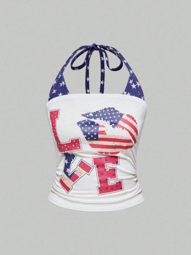 American Sporty Casual Two-Piece Set: Rhinestone Halter Top & Striped Lace-Up Shorts