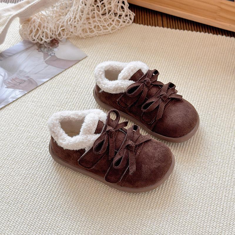 Korean Style Double Bow Furry Winter Shoes for Girls, Ages 1-6, Plus Velvet Cotton.