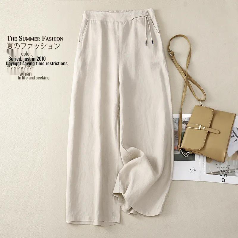New Women's Retro Chinese-Style Cotton Linen Wide-Leg Pants: High-Waist, Loose-Fit, Spring/Summer Casual Wear.