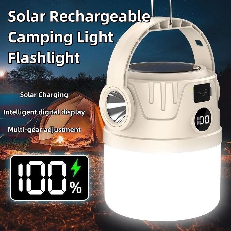 Long Endurance Camping Light Solar Powered Supports Type-C Charging Digital Display Outdoor Tent Light Emergency Light Hook
