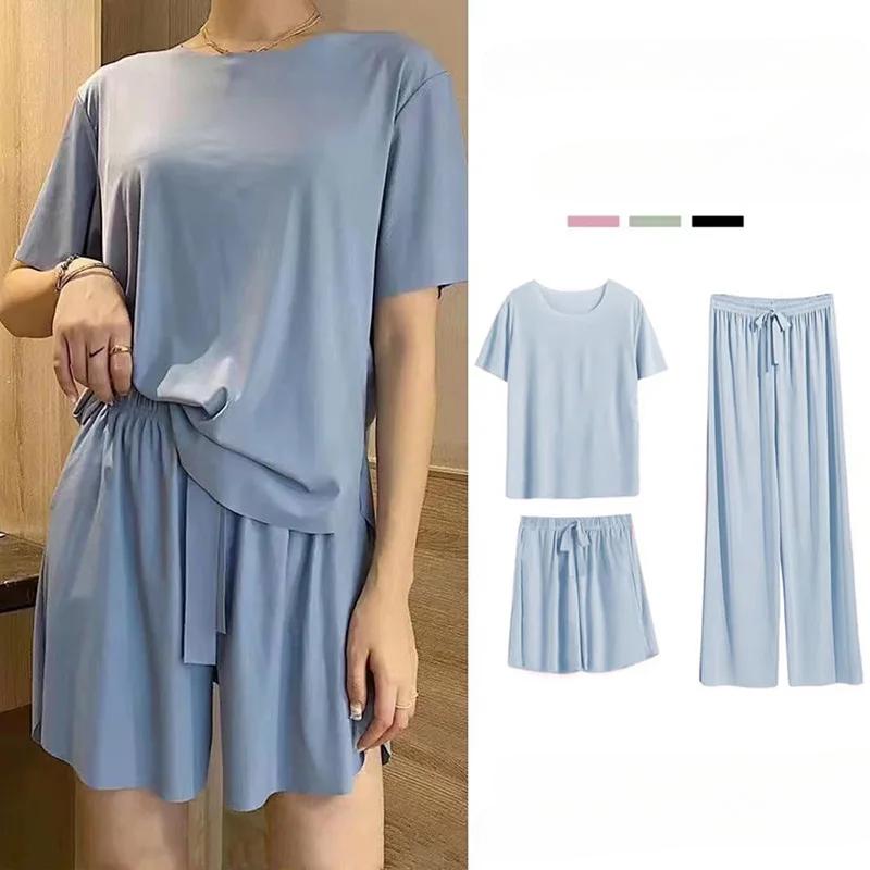 Ice Silk Pyjamas Three-Piece Set of Women's Homewear Trousers Simple Leisure and Comfortable Loose Short-Sleeved Shorts Suit