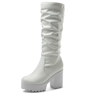 Mode Plissee Hohe Stiefel Frau Punk Dicke Ferse Kniehohe Stiefel Plattform Herbst Winter Weiß Schwarz Damen Lange Schuhe Designer