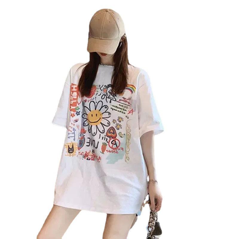 Summer 2026 Korean Style Trendy Cute Graffiti Loose Mid-Length Short-Sleeve T-shirt for Women