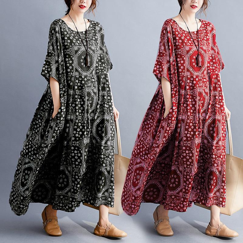 Plus Size Loose Floral Print Midi Dress for Women Spring Autumn Summer Casual Vintage Elegant Dresses Holiday Dress