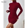 2024 Damen Wind Weinrotes Kleid Mode Temperament Schlank Herbst und Winter Einfacher High-Neck-Rock