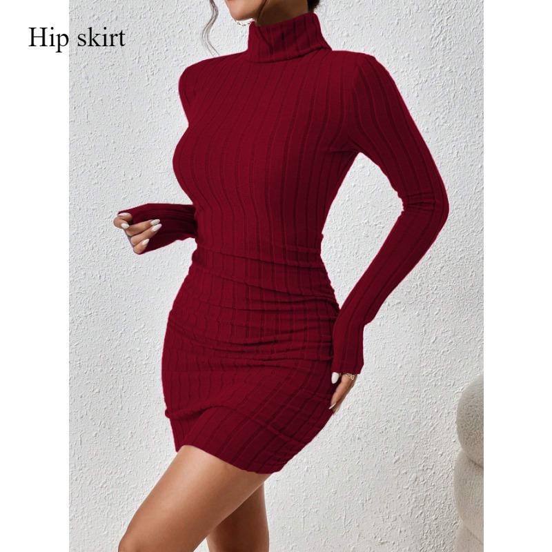 2024 Women's Wind Wine Red Dress Fashion Temperament Slim Autumn and Winter Simple High-neck Skirt