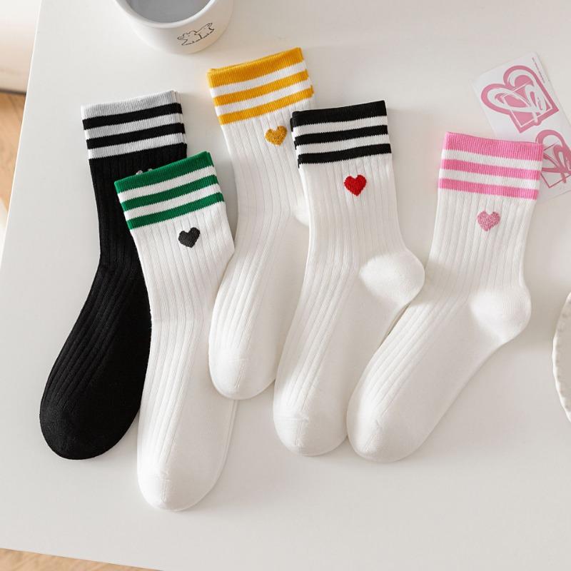 Female Autumn and Winter New Stripe Three Bar Cotton Preppy Style Love Boneless Tube Socks
