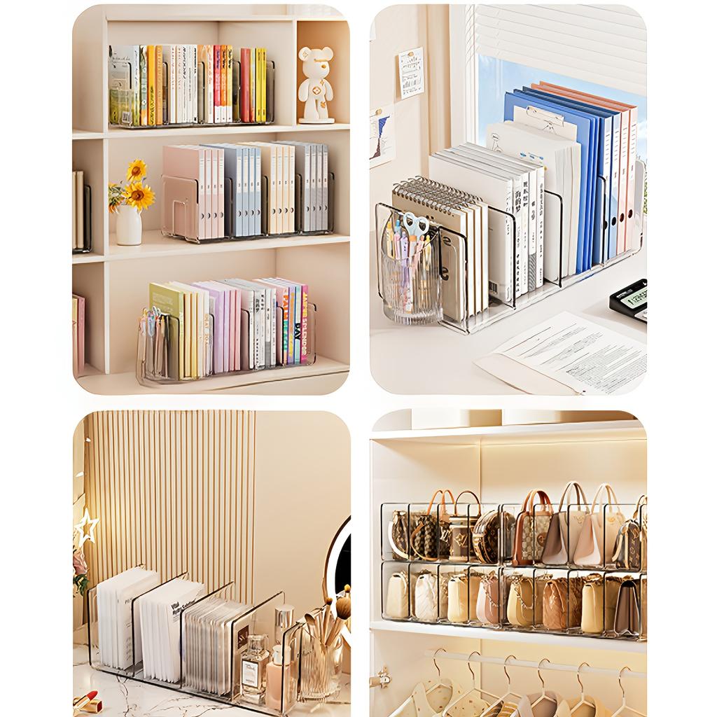 4-Fächer Klare Acryl Buchstützen Regal-Organizer | Raumaufbewahrungshalter | Schlafzimmer Büro Schreibtisch Ergänzungen | Langlebige Aktenorganisation