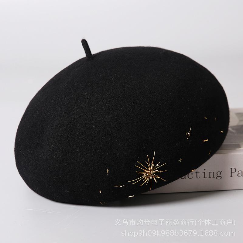 High-quality heavy industry hand-sewn pearl wool beret women's winter elegant versatile painter hat warm stewardess hat tide