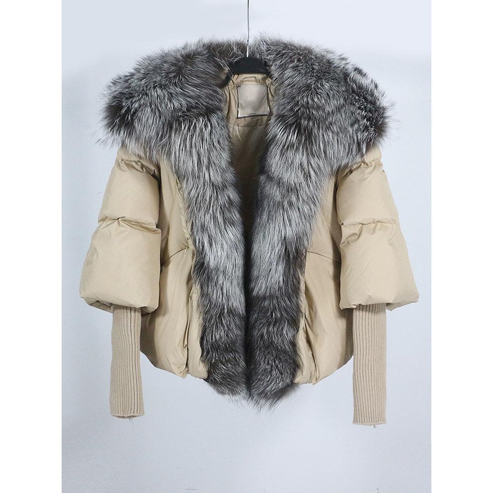 

Зимняя белая утиная пуховая куртка с коротким воротником из лисьего меха и вязаными рукавами XL
