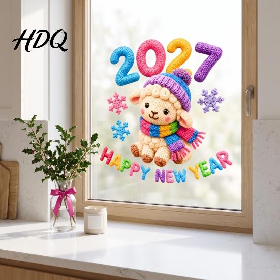 Decorative Glass Film Chinese New Year Window Stickers 2027 Goat Static Clings Reusable Winter Theme Decals Crochet Knit Lamb Decals