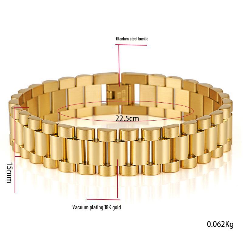 15mm Gold Stainless Steel Men's Watch Band Bracelet - Adjustable Titanium Steel Jewelry