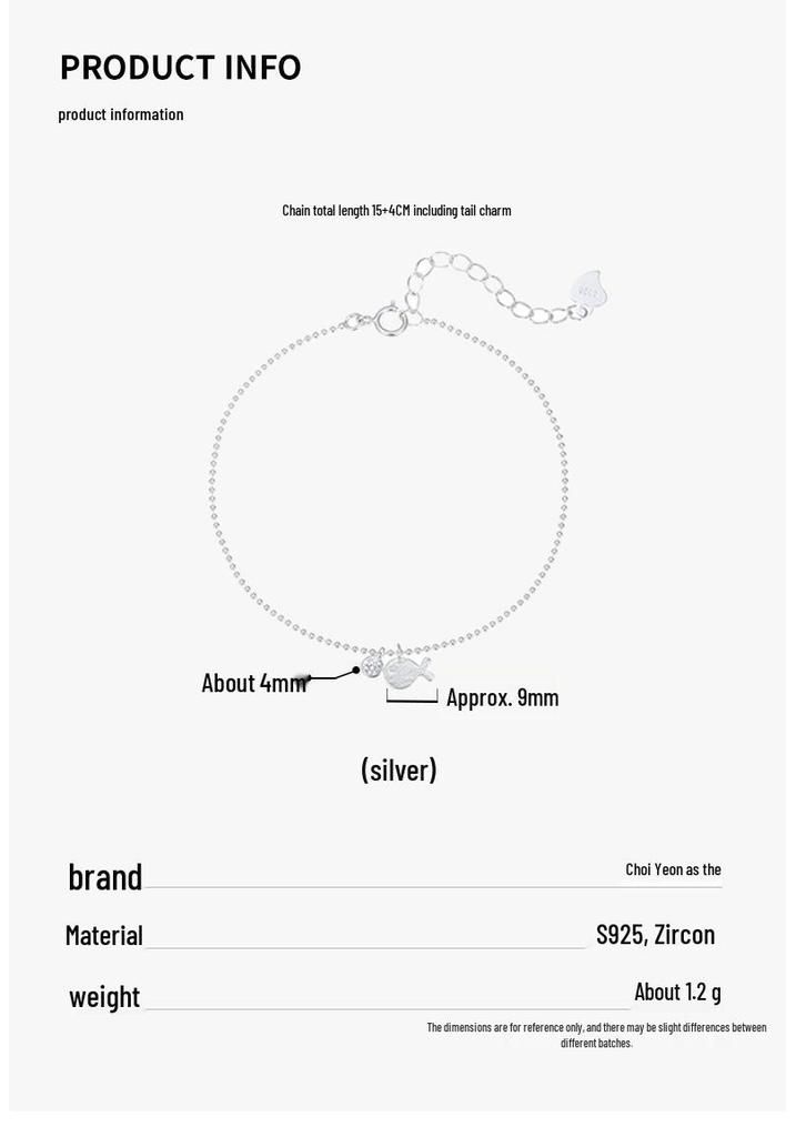 Cui Yan S925 Sterling Silver Korean Fish Round Diamond Bracelet – Women's Stackable Plain Silver Jewelry, Best Friend Gift.