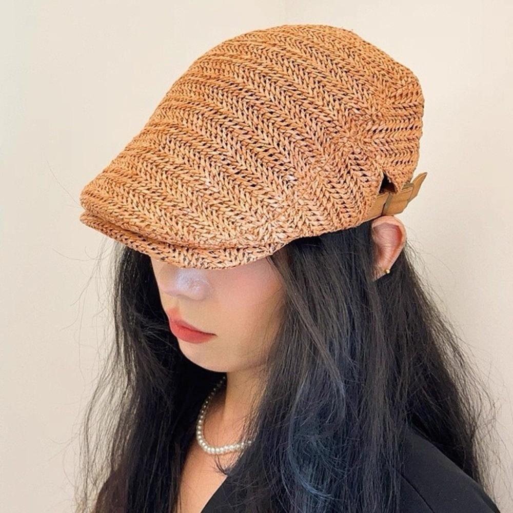 Flat Straw Beret Vacation Painter Beret Japanese Style Straw Newsboy Cap Men Women