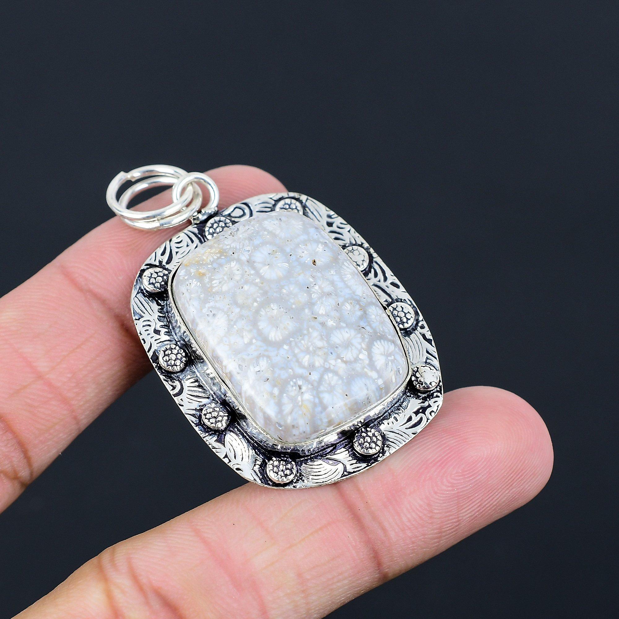 Radiant Fossil Coral Gemstone Bezel Art Deco New Pendant Jewelry Sterling Silver