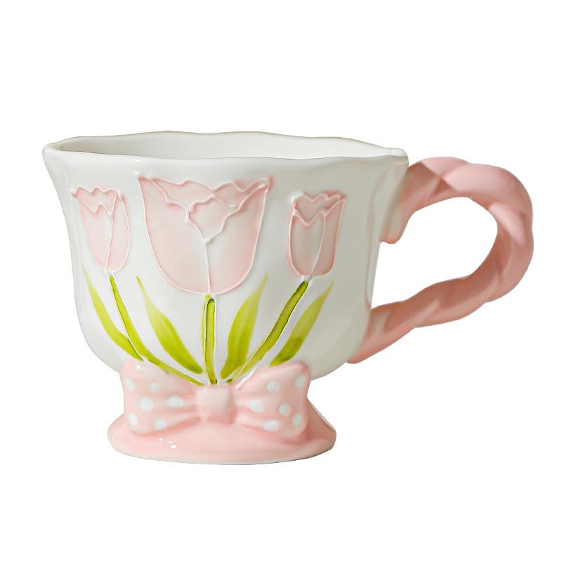 Tulip Ceramic Cup Hand Painted Relief High Looking Coffee Cup Mug Girl Heart Home Water Cup Souvenir