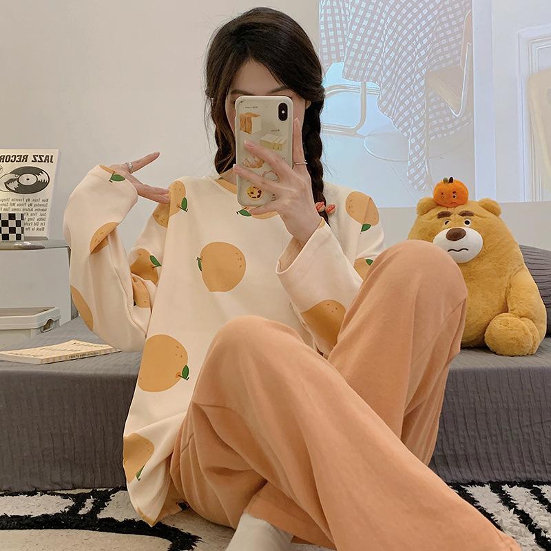 Niedlicher Cartoon-Pyjama für Damen: Reine Baumwolle, Langarm, Rundhalsausschnitt-Pullover, Frühling/Herbst