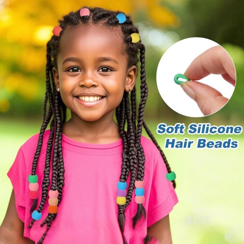 50pcs Mix Colors Silicone Hair Beads for Braids with Rubber Bands and Beader for Braiding DIY Bracelets Necklace Crafts