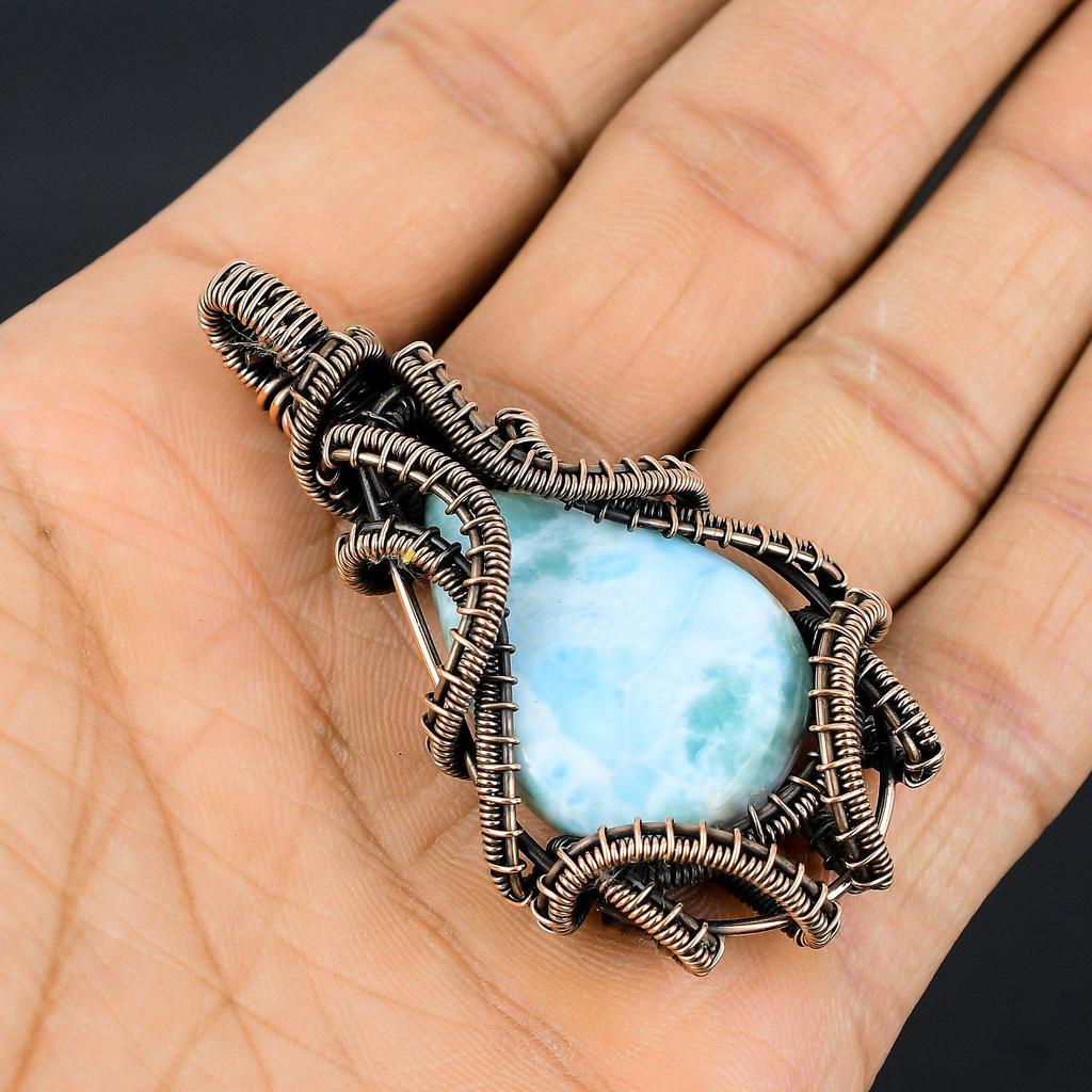 Larimar Pendant Gemstone Jewelry, 999 Copper Wire Wrapped Pendant, Handmade Jewelry Birthstone Pendant, Gift For Him