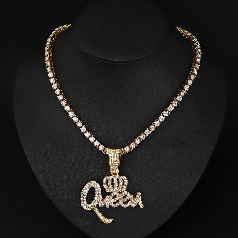 Hip Hop Zinc Alloy Crown Queen Letter Full Diamond Pendant Temperament Personality Necklace Jewelry