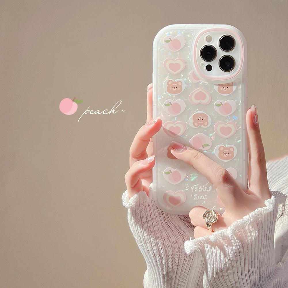 Peach Love Bear Applicable 15promax Apple Phone Case IPhone 16 Fairy 15 Pearl Chain XR Shell 14