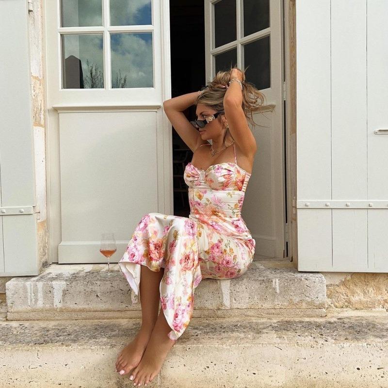 New Fashion Sleeveless Printed Sexy Backless Suspender Dress Slim Fit Elegant Bodycon Summer Party Long Dress Female Streetwear Casual Clothing