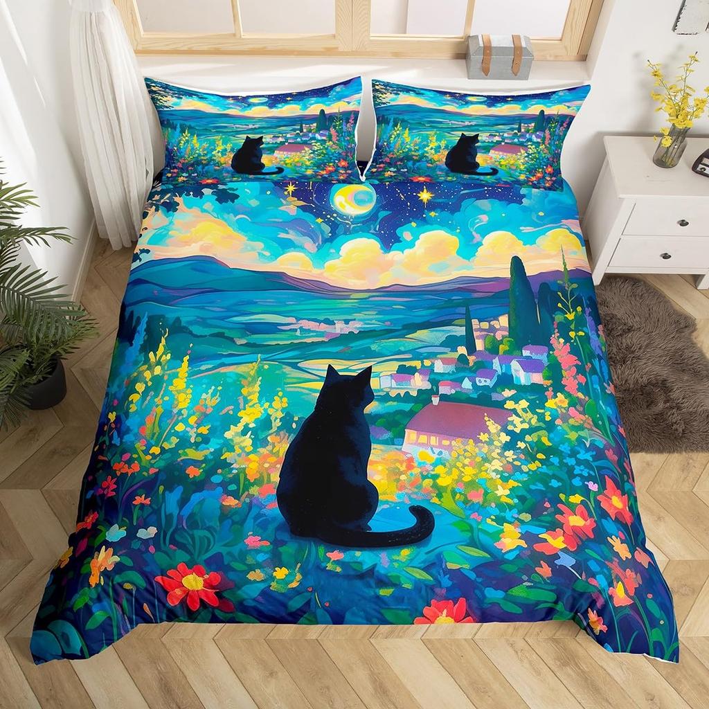 Cat and Flowers Duvet Cover Queen King Size Lightweight Quilt Cover with 2 Pillowcases Spring Animal Themed Bedding Set No Quilt