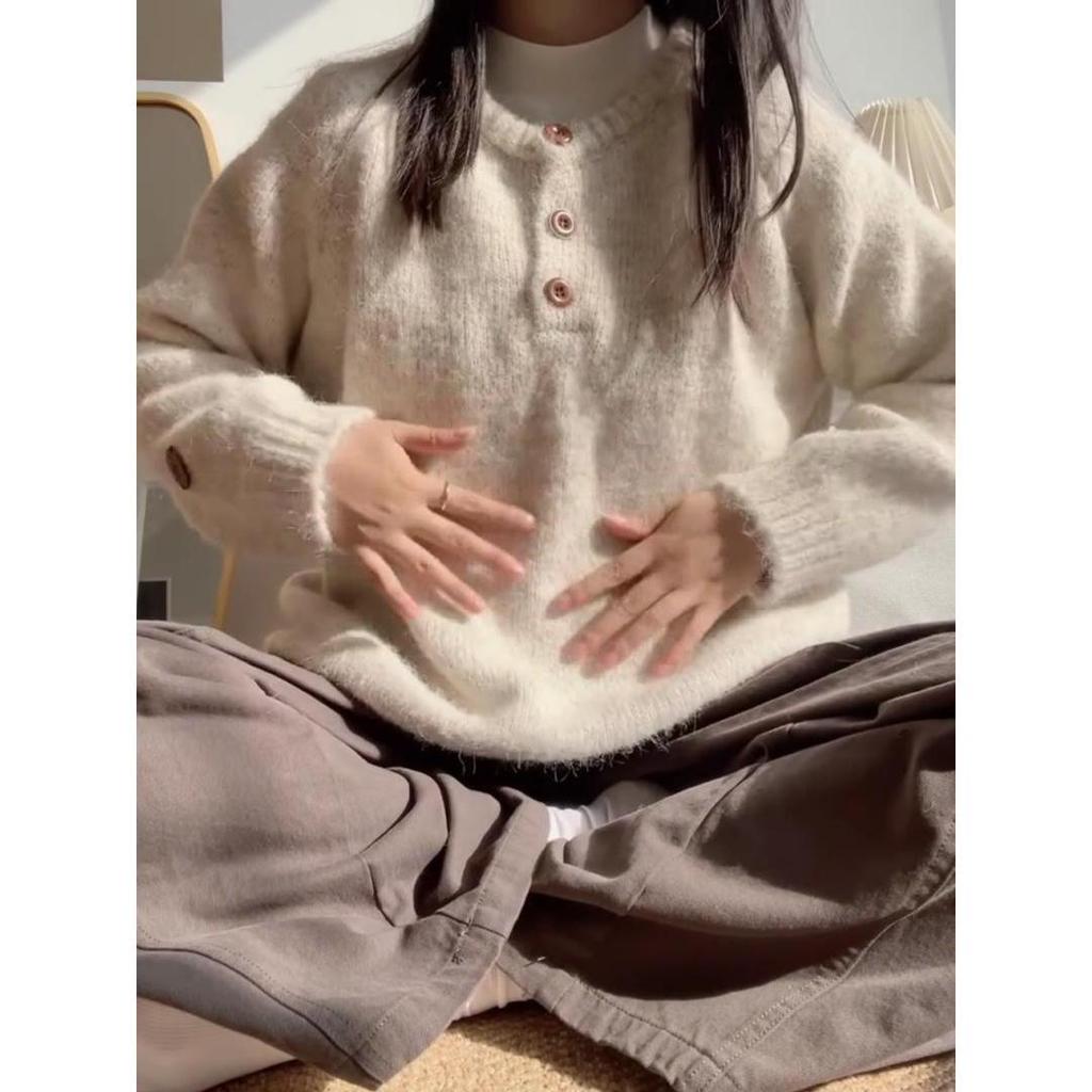 Large Version Thickened Soft Waxy Sweater Women's Semi-open Neck Button-knitted Sweater Autumn and Winter Loose Inner Long-sleeved Lazy Top