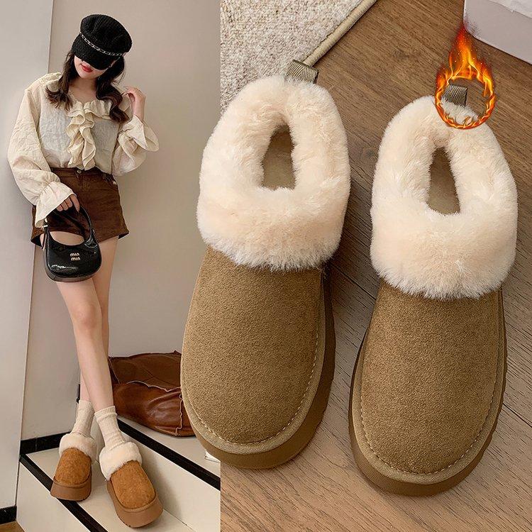 [Cowhide Edition] Seoul Falling Snow~ Fleece Sheepskin and Fur Integrated Thick Bottom Low Top Fluffy Snow Boots Women's Winter