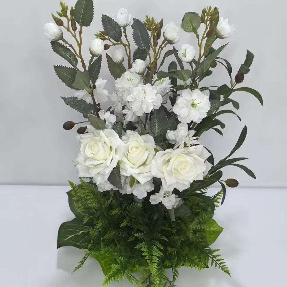Home Decoration Artificial Flower Potted Roses Cherry Blossom Plants And Green Grass Mixed Placed Birthday Desktop Potted Plant