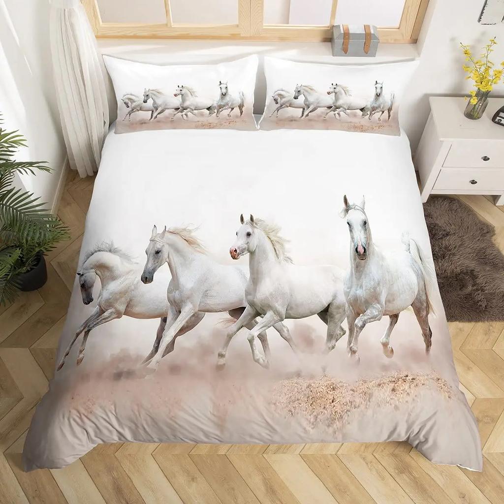 Galloping Horse Duvet Cover Set Western Cowboy Farm Animal Bedding SetBamboo Mountain Ink Painting Firforest Folk Style Bed Set