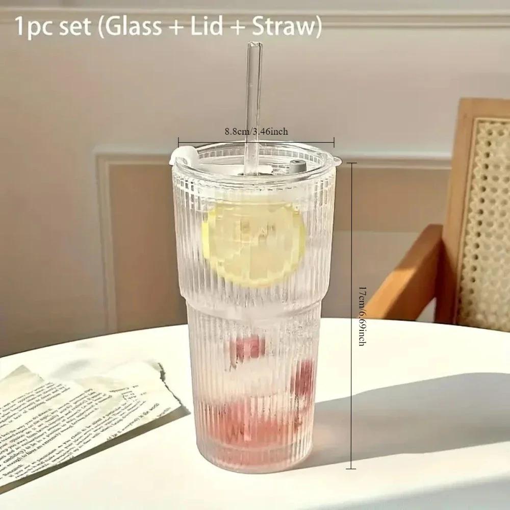 600ml Streifen Glasbecher mit Deckel und Strohhalm Transparente Trinkgläser für Wasser und Eiskaffee Tassen Becher Trinkgeschirr