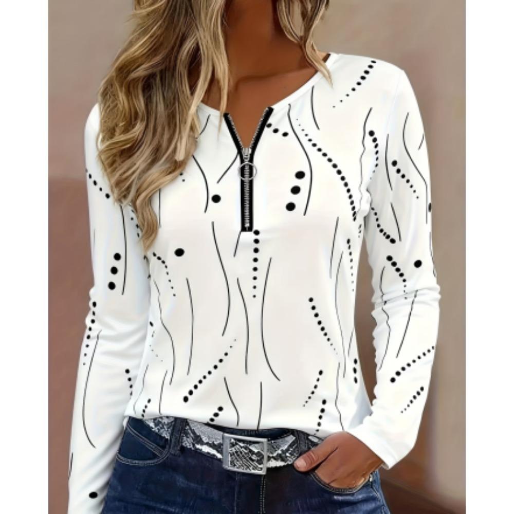 Autumn and winter zipper V-neck long-sleeved casual printed casual tops women's shirts fashion loose shirt tops for women