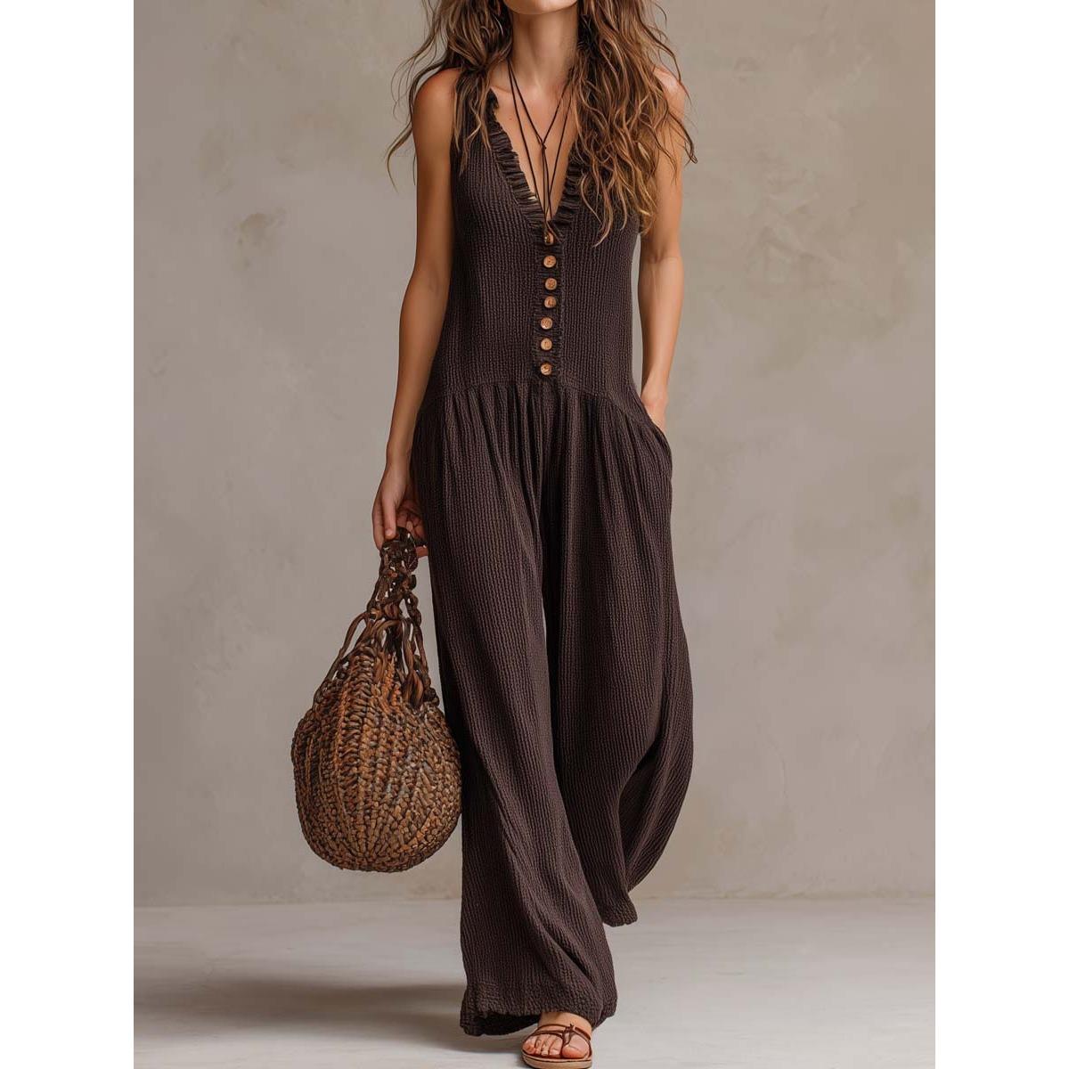 

Women s European American Style V Neck Sleeveless Wide Leg Knit Jumpsuit Loose Casual Fashion Versatile Long Pants 2XL темно-коричневого кольору