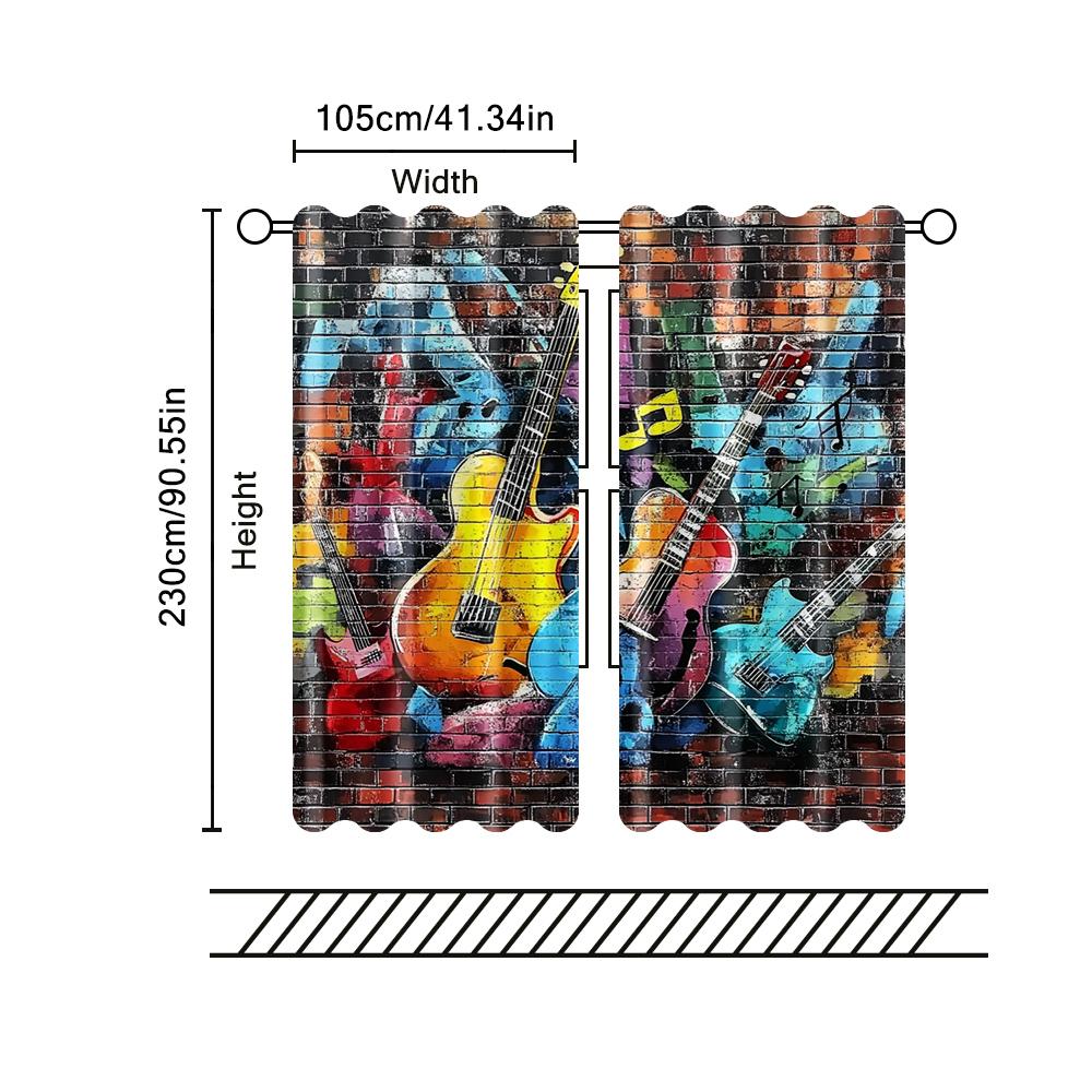 Set Of 2 Filtering Curtains Excluding Rods Non Movable Without Batteries Graffiti Brick Wall Music Theme Use Curtain Polyester