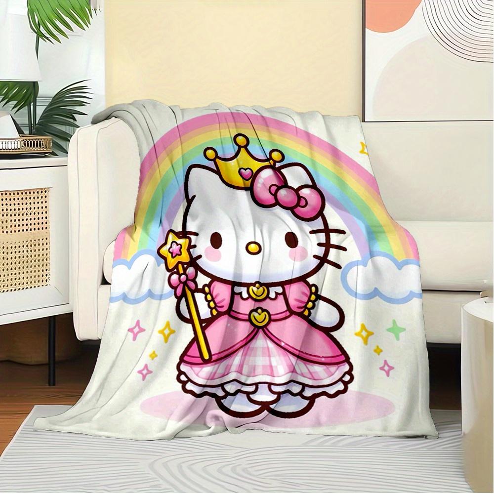 For Princess, Rainbow, HelloKittyAnime-Themed Flannel Blanket, Glam Style, Digital Print, All-Season Comfort, Tear-Resistant, Knitted Crafts