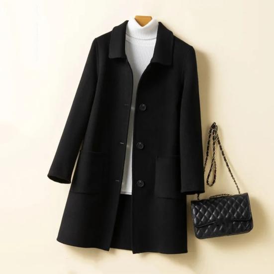 Abrigo de otoño-invierno para mujer, holgado, de color liso, grueso, resistente al frío, de un solo pecho, con solapa, largo medio, manga larga, bolsillos, abrigo esencial