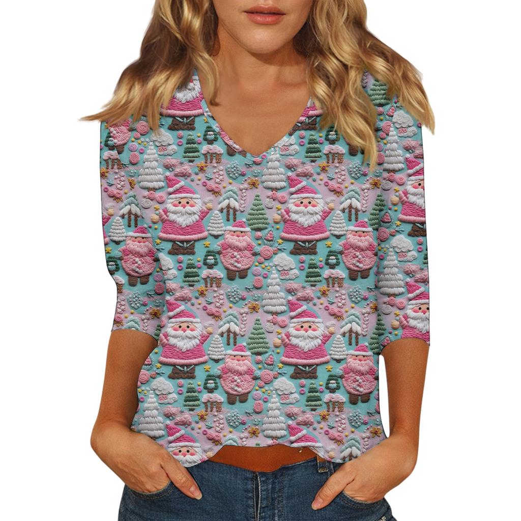 Women's Casual Fashionable Sexy Comfortable V-Neck Christmas Three-Quarter Sleeve Top